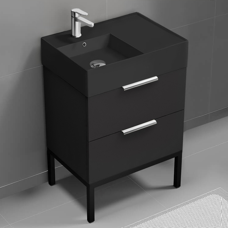 Nameeks DERIN379 Modern Bathroom Vanity With Black Sink, Free Standing, 24 Inch, Matte Black